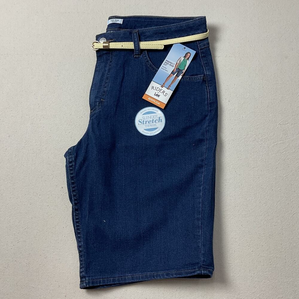 Riders By Lee Mid Rise Womens 14M Cream Belt Blue Denim Bermuda Shorts